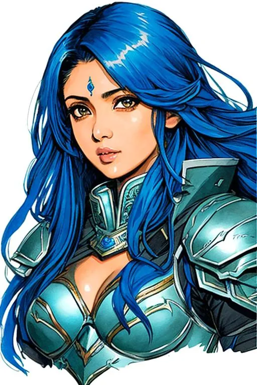 Prompt: Shining Force Concept art (((Yoji Shinkawa))), sticker of ultra detailed portrait of Sadaf Mohammed Sayed  (Indian actress who mainly appears in Telugu, Tamil, and Kannada films)in blue greek armor, blue long hair, high quality cell shaded illustration in post apocalyptic style by Yoji Shinkawa, ((full body portrait)), dynamic pose, perfect anatomy, centered, freedom, soul, blue long hair, approach to perfection, cell shading, 4k , cinematic dramatic atmosphere, watercolor painting, global illumination, detailed and intricate environment, artstation, concept art, fluid and sharp focus, volumetric lighting, cinematic lighting, Art by Yoji Shinkawa,