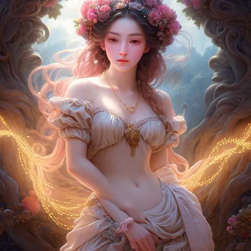 Prompt: 1girl, high-quality Renaissance style, (masterfully crafted glow, red lens flare) behind, hyperdetailed full-body portrait of a captivating evocative dramatic cinematic crisp Pinterest beautiful pale-skinned night elf goddess ((((barely clothed)))), style of Fragonard and Yoshitaka Amano (light hair with flowers, messy), ropes, bioluminescent, (wearing intricate clothes) silver gothic armor with golden filigree details, (bioluminescent hair:1.1), ((with a scenic matte painting background by Ferdinand Knab, Gregory Crewdson, Aron Wiesenfeld, and john Atkinson Grimshaw, long view distance, epic view, enchanted forest cliffs with a hidden gothic cathedral, breathtaking ancient trees, magical flowers, highly detailed)), filigree background, vines, delicate, soft, fireflies, spiders, spider webs, webs, silk, threads, ethereal, luminous,