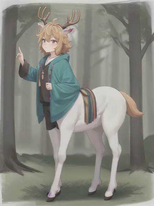 Prompt: A cute centaur, deer hooves and antlers, forest background, human torso, colorful, femboy, boy, tranquil forest background 