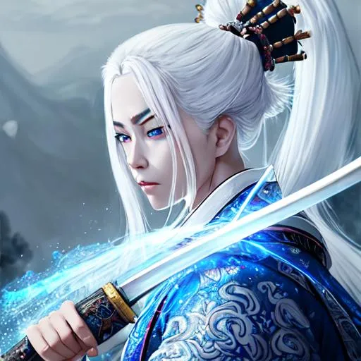 Prompt: White-haired beautiful samurai with a katana emanating a blue aura, fantasy, highly detailed white sparkling glowing eyes, intricate, wearing martial artist related clothing, highly-detailed, large landscape, mechanics, dramatic lighting, gorgeous face, lifelike, stunning, anime woman face, long luxurious white hair, digital painting, large, artstation, illustration, concept art, smooth, sharp focus, highly detailed painting, looking at viewer, portrait, photography, detailed skin, realistic, photo-realistic, 8k, highly detailed, full length frame, High detail, full body art