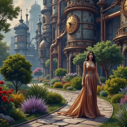 Prompt: This is a highly detailed, digitally created CGI image depicting a futuristic, steampunk-inspired urban garden scene. At the center is a slender, elegant woman with long dark hair, wearing a form-fitting, strapless, bronze-colored metallic gown that extends into a flowing train. The gown has a glossy texture, reflecting light and adding a sense of sophistication. She stands confidently on a curved, stone pathway that winds through the garden.

The background features towering, intricately designed industrial buildings with numerous copper pipes, gears, and clock faces, creating a steampunk aesthetic. These buildings are surrounded by lush greenery, including various bushes, trees, and flowering plants in vibrant colors such as red, purple, yellow, and green. The garden is meticulously landscaped, with a variety of textures and heights in the plant life.

The light in the image is soft, with a warm, golden hue, suggesting either early morning or late afternoon. Shadows from the buildings and plants are cast gently on the pathway. In the distance, more of the futuristic architecture is visible, blending seamlessly with the natural elements. The overall atmosphere is one of harmony between advanced technology and nature.