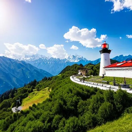 Prompt: Create Abkhazia as a country with the most beautiful background: North Caucasus Mountains' alpine forests, a lighthouse on the Black Sea coast, mediteranean type of palm trees, UHD, 64k, 3D rendering, natural sun light, dramatic blue sky,  intricate details. Create the high-detailed image of the Abkhazian Christian Orthodox Churches, focus sharp, zoom, centered, fit in frame,  UHD engine, 64k, 3D, intricate details, art studio, masterpiece. 