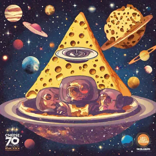 Prompt: 70’s style rock band cd cover with cheese, space, and galaxies
