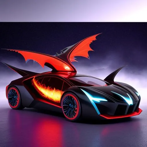 Prompt: Futuristic mega Batman car on fire and ice cosmic speed red and dark