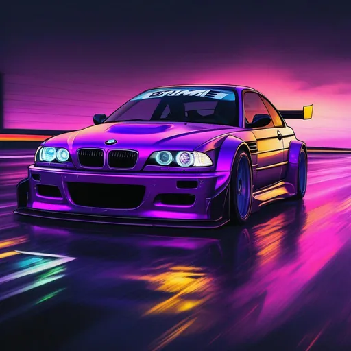 Prompt: 2001 BMW M3 E46 GTR, synthwave, aesthetic cyberpunk, miami, highway, dusk, neon lights, coastal highway, dusk, neon lights, coastal highway, sunset, drift, nurburgring, water on the road, blade runner, 8k, watercolor, macro sharp focus