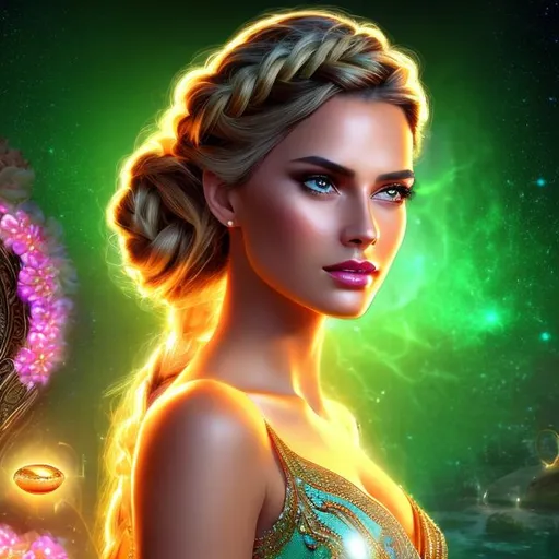 Prompt: HD 4k 3D 8k professional modeling photo hyper realistic beautiful  woman ethereal greek goddess of legislation
orange french braided hair green eyes gorgeous face brown skin shimmering dress jewelry laurel headpiece full body surrounded by magical glowing light hd landscape background springtime green pastures reading scrolls and books