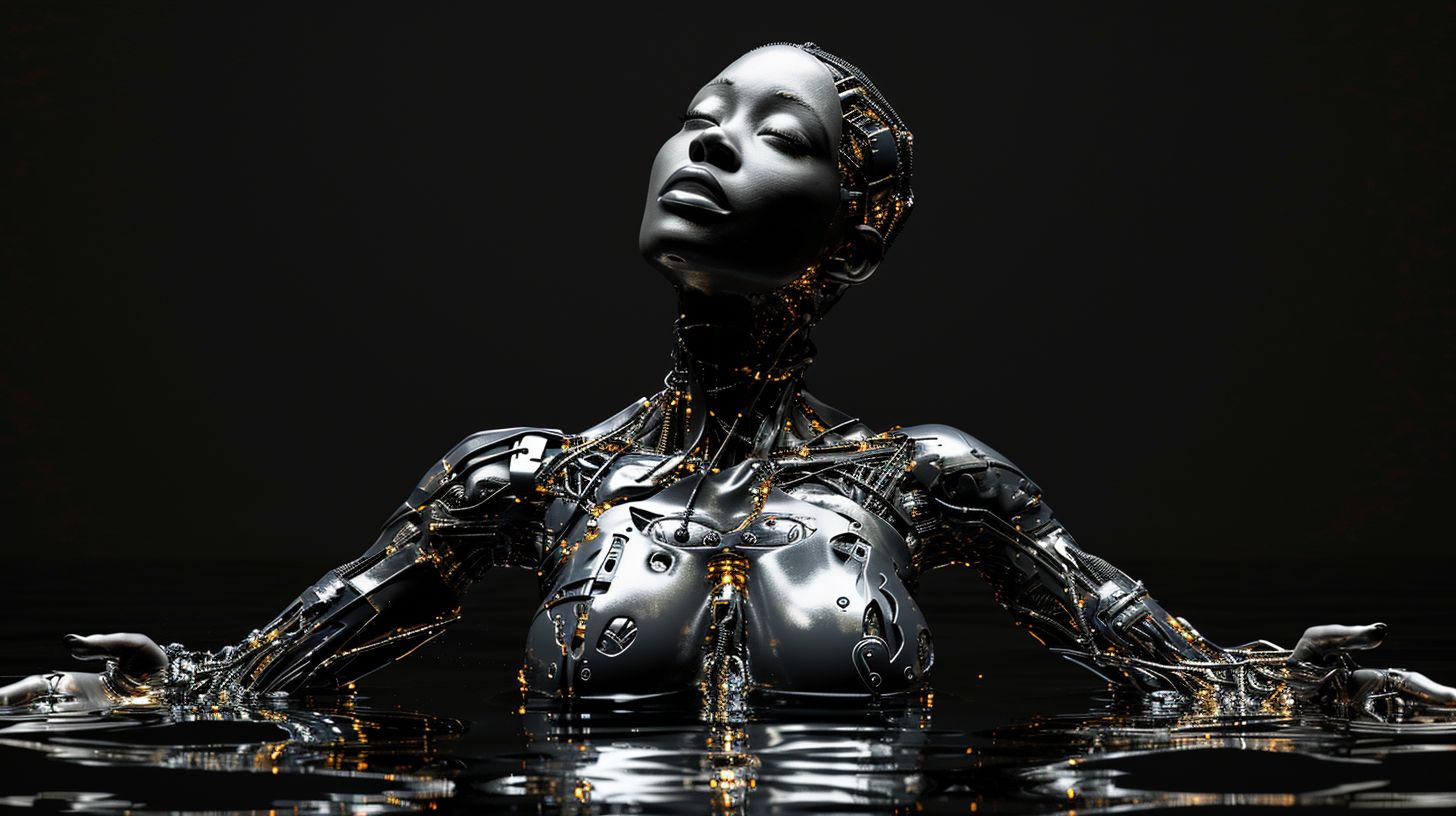 Prompt: Photorealistic image of a woman emerging from a black colored background, influenced by robotic motifs and African art, composed of liquid metal, showcasing human connections and intricate costumes, expressing a sculptural emotion in wide ratio