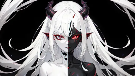 Prompt: scary demon girl, symmetrical eyes, white hair, dark grey skin, dark setting, highly detailed eyes