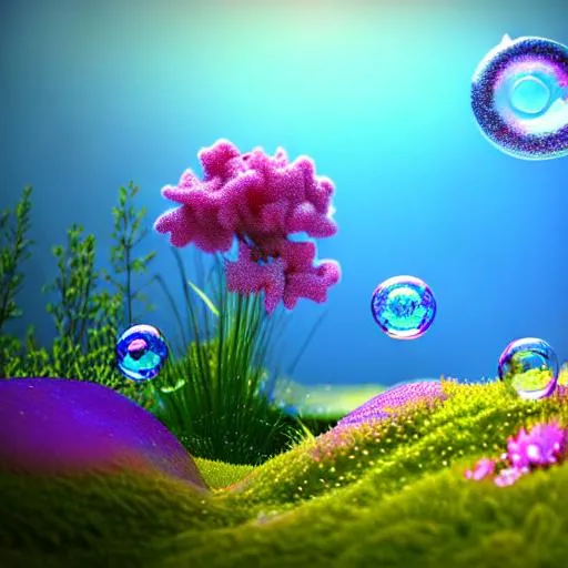 Prompt: fairy, bubbles, liminal space, flowers, beautiful landscape, underwater meadow, coral reef, highly detailed, 3d blender render, heavenly lighting, 