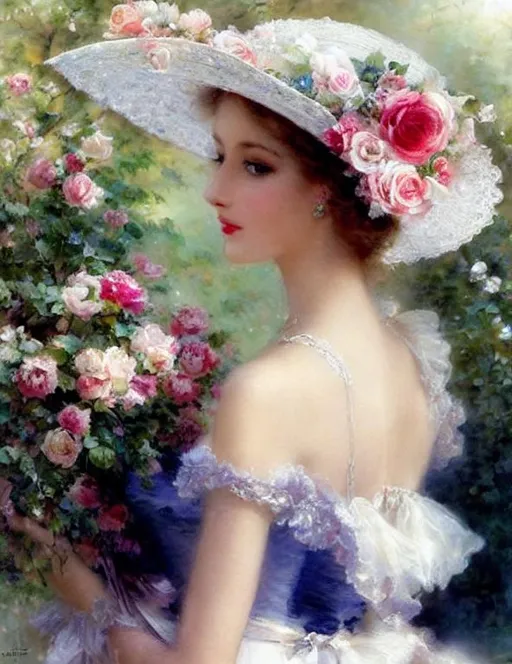 Prompt:   A Lady very elegant Shabby chic extremely beautiful, vintage hat , lace details, nostalgic, Idyllic, romantic,full body,romance garden with roses,elegant,very attractive,by Jean Baptiste Monge ,Pino Daeni and Josephine Wall ,watercolor and  ink 