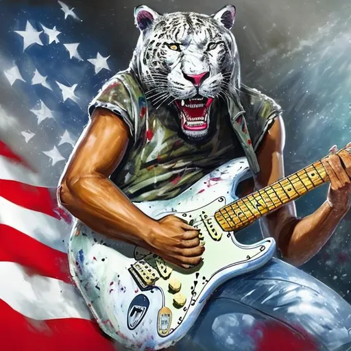 Prompt: a young man is playing a fender stratocaster guitar he is sweating behind him is a white panther an american flag and marshall amplifiers include a large white panther sitting on an amplifier the stratocaster is painted like an american flag