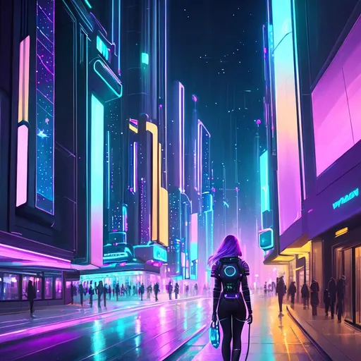 Prompt: painting of a woman, nighttime, futuristic city street, Sci fi, galaxy, soft light, pastel colors, muted color scheme, art, painting, sweet, fireflies  cyberpunk