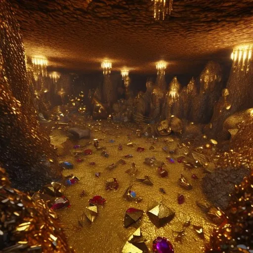 Prompt: realistic, cave with piles of jewels and gold pieces