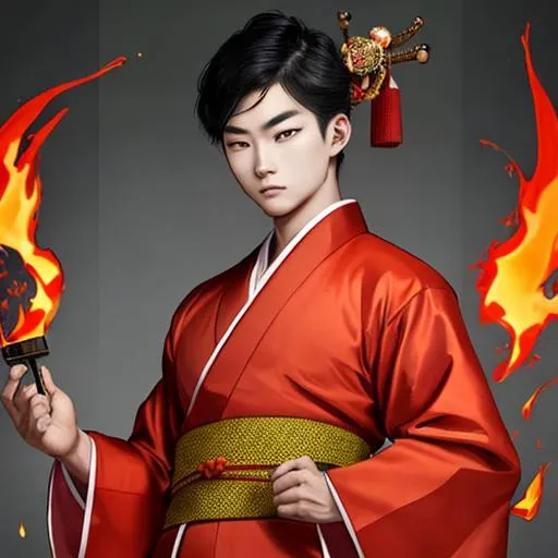 Prompt: A young asian prince with fiery eyes and a commanding commanding look in kimono.