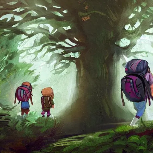Prompt: children with backpacks on their backs in the magical forest, concept art