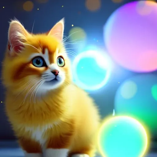 Prompt: Cute, yellow, light fur, cat made of light, possessing the element of light and making large floating spheres of lights move around in the air in a magical way. Perfect features, extremely detailed, realistic, complimentary colors, yellow wispy aura in background, realistic cat