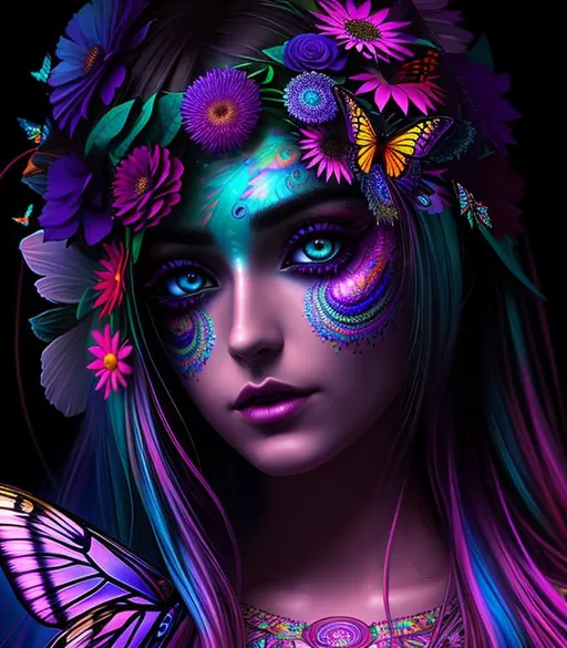 Prompt: psychedelic, twisted, cinematic, 3D, HD, {Female}Hippie, Beautiful big reflective eyes, long flowing hair, flowers, butterflies, birds, expansive psychedelic background, sunset, hyper realistic, 8K --s98500