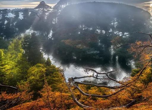 Prompt: photo of a beautiful Japanese mountain landscape, wide view, 4k, UHD