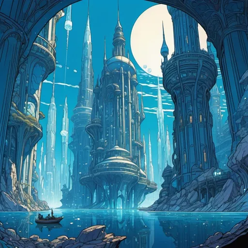 Prompt: An underwater intense blue city with many towers and huge crystals between them, art nouveau, in the style of Moebius, manga, cel shaded comic illustration 