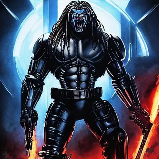 Prompt: Preda-Terminator is a fearsome and relentless character that merges the predatory features of The Predator with the cold and robotic appearance of The Terminator. Their design is a fusion of organic and mechanical elements, creating a visually striking and intimidating presence.

Preda-Terminator has a muscular and imposing physique, resembling The Predator's athletic build. Their skin is a blend of organic and metallic textures, with patches of cybernetic enhancements throughout their body. They possess the iconic mandibles of The Predator, extending from their fearsome metallic mask, which covers their face.

Their armor is a combination of sleek metallic plating and advanced technology, reminiscent of The Terminator's exoskeleton. It is designed for both protection and functionality, incorporating advanced weapons and tracking systems. Preda-Terminator's armor features a mix of alien and futuristic design elements, showcasing their dual nature