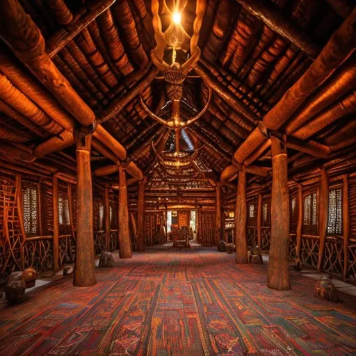 Prompt: Epic Meadhall of a wooden longhouse. A ornamented pole standing in the middle. Beautifull colorful Carpets on the floor. Carved Figures. Tribal vibes. Celtic Vibes. Photorealistic. Warm Firelights