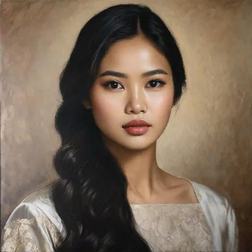 Prompt: (portrait photograph), pretty young Indonesian woman, 25 year old, (round face, high cheekbones, almond-shaped brown eyes, epicanthic fold, thick black hair, small delicate nose, slightly flattened nose bridge, wide nasal base, full luscious lips, mole on top lip, light tan skin), masterpiece, intricate detail, hyper-realistic, photorealism, hyper detailed texturing, high resolution, best quality, UHD, HDR, 8K, award-winning photograph, octane render