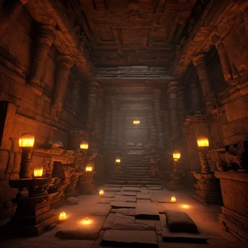 Prompt: inside of dark ancient temple with rock walls, few decorations and small lamps
photo
nostalgic lighting