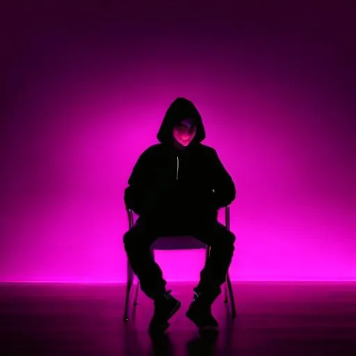 Prompt: Photo of a dark figure wearing a hoodie, Neon lighting, indoor, sitting alone on a chair in an empty room with pruple lighting, dark colors