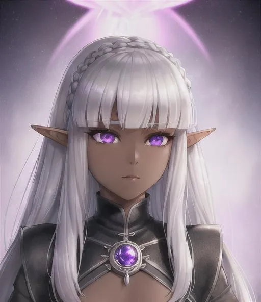 Prompt: Female with silver hair, portrait, elf, dark skin, purple eyes, 4k, hyperrealisitic, royal princess, berserk, game of thrones, small chest,