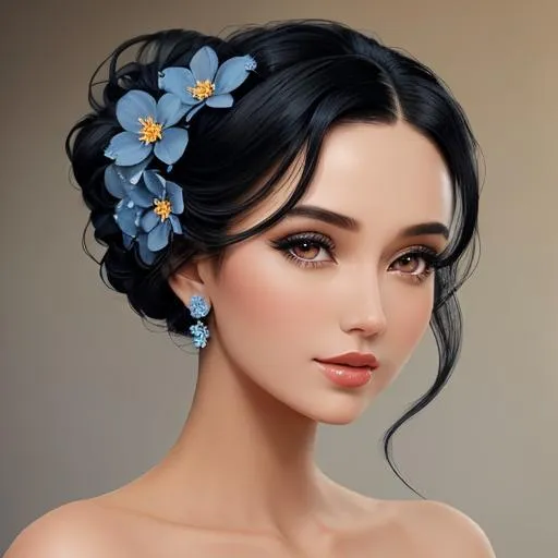 Prompt: Beautiful woman , black hair, wearing an blue evening gown, elaborate updo hairstyle adorned with  peach flowers, facial closeup