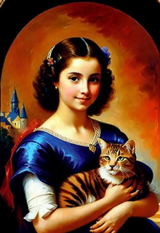 Prompt: A beautiful lady holding a cat in the style Leonid Afromov

