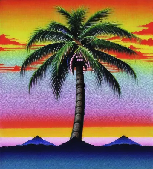 Prompt: vaporwave, aesthetics, palm tree,  mountains, tyrannosaurus rex, chibi, cool, buildings, character mascot, sunset, scan lines, retro, japan, tokyo, 80s