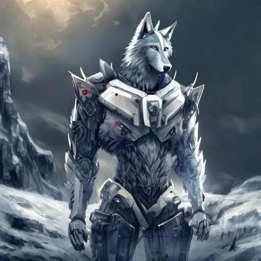 Prompt: male wolf robot with black backgrond