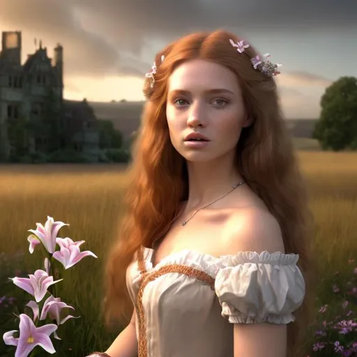 Prompt: HD 4k 3D professional modeling photo hyper realistic beautiful  woman maid marion long auburn hair tan skin light brown eyes gorgeous face pink and white dress Tudor England manor english countryside lilies landscape hd background ethereal mystical medieval beauty 