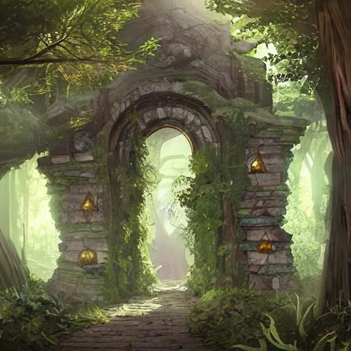 Prompt: concept art of ancient fantasy magic school in a forest with an ancient archway in it's walls, trending on artstation, gloomy, foggy