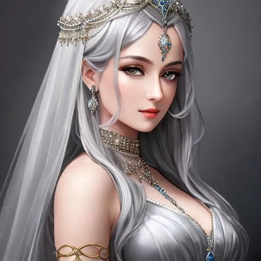 Prompt: oil painting, , UHD, 8K, Very Detailed, full body character visible, goddess character with ethereal fantastical stone grey skin & dark hair, she has visible silvery eyes, sleeveless white dress