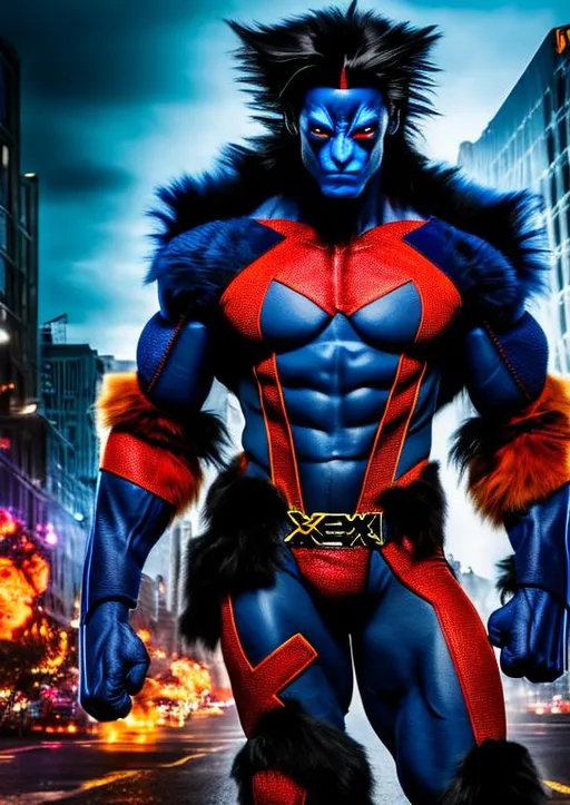 Prompt: High-resolution hyperrealistic photo of x-man nightcrawler kurt wagner merged with x-man beast hank mccoy, blue-black skin and fur, very muscular, black and red and gold costume, kind, sad, feral, uhd, hdr, 64k