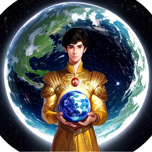 Prompt: A 25 years old prince is holding the earth in his hands. He is surrounded by stars and planets. Photorealistic. Ultrarealistic. 