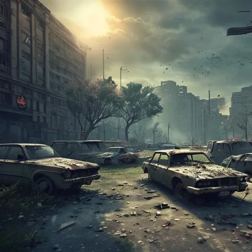Prompt: abandoned city, sun lights, broken cars, zombies, flowers and trees growing, epic cinematic, ethereal, detailed, realistic, 