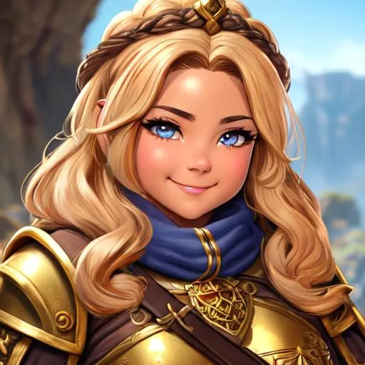 Prompt: oil painting, D&D fantasy, gold dwarf girl, tanned-skinned-female, stocky, beautiful, short bright dirty brown hair, wavy hair, smiling, looking at the viewer, cleric wearing intricate adventurer outfit, #3238, UHD, hd , 8k eyes, detailed face, big anime dreamy eyes, 8k eyes, intricate details, insanely detailed, masterpiece, cinematic lighting, 8k, complementary colors, golden ratio, octane render, volumetric lighting, unreal 5, artwork, concept art, cover, top model, light on hair colorful glamourous hyperdetailed medieval city background, intricate hyperdetailed breathtaking colorful glamorous scenic view landscape, ultra-fine details, hyper-focused, deep colors, dramatic lighting, ambient lighting god rays, flowers, garden | by sakimi chan, artgerm, wlop, pixiv, tumblr, instagram, deviantart