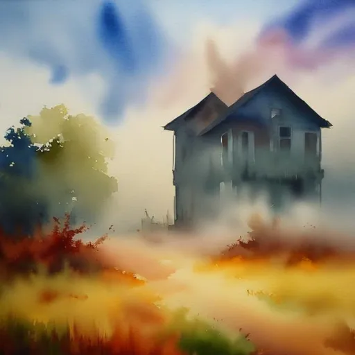 Prompt: (masterpiece, best quality:1.2), A watercolor painting of an abandoned house on a misty morning