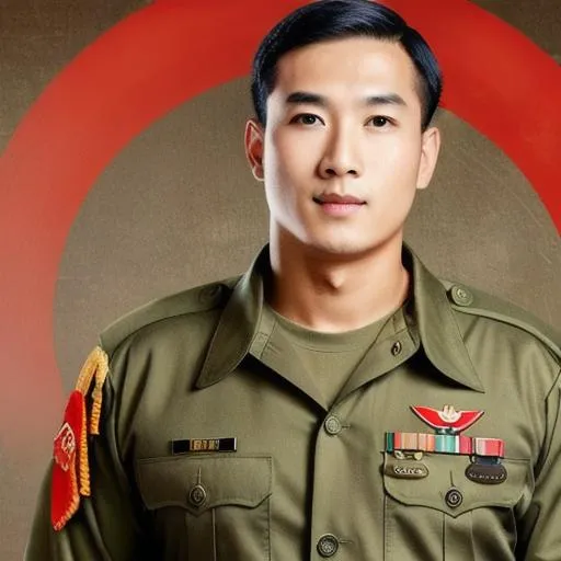 Prompt: put the face of photo in a body of soldier wearing china army clothes with many condecorations