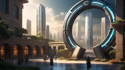 Prompt: magical portal between cities realms worlds kingdoms, circular portal, ring standing on edge, upright ring, freestanding ring, hieroglyphs on ring, complete ring, ancient greek architecture, gardens, hotels, office buildings, shopping malls, large wide-open city plaza, turned sideways view, futuristic cyberpunk tech-noir setting
