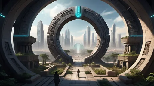 Prompt: magical portal between cities realms worlds kingdoms, circular portal, ring standing on edge, upright ring, freestanding ring, hieroglyphs on ring, complete ring, ancient aztec architecture, gardens, hotels, shopping malls, large wide-open city plaza, panoramic view, futuristic cyberpunk tech-noir setting