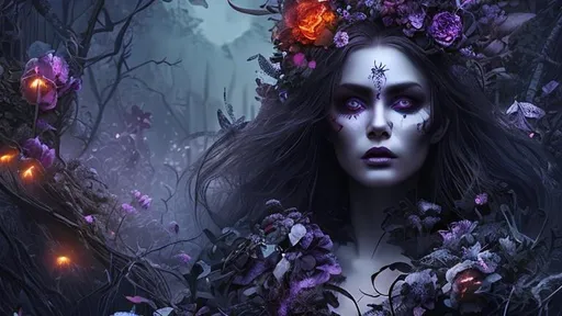 Prompt: beautiful dark goddess of the night with detailed face walking through a moonlit garden of colorful dead flowers cinematic hyper realistic