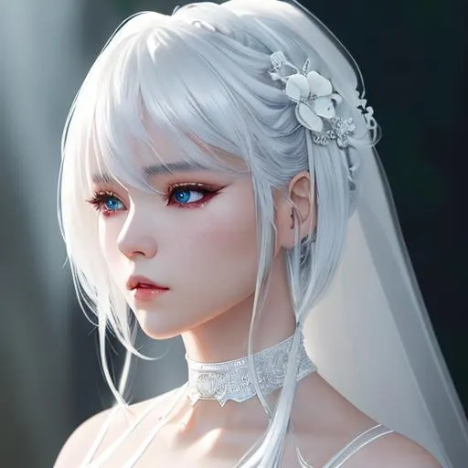 Prompt: mdjrny-v4 style, white hair, a young South Korean girl with medium-length white hair, a highly detailed face by Greg Rutkowski and Magali Villeneuve, wearing white wedding dress with choker, beautiful eyes, toned body, cinematic lighting, Hyperrealism, 8k uhd,brushwork, dappled light, vivid colors, evocative atmosphere, expressive movement, painterly textures, intricate design and details, hyper detailed, hyper realistic, 4d dimension, ultra-detailed, highest detail quality, ultra-realistic, photography lighting --ar 25:31 --quality 2 --s 750 --v 5. 1