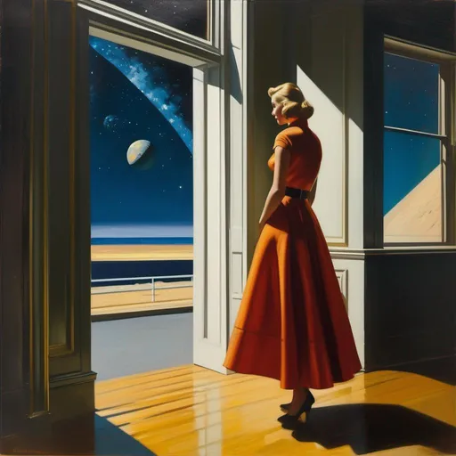 Prompt: a woman wearing outer space as a dress, Edward Hopper and Greg Rutkowski