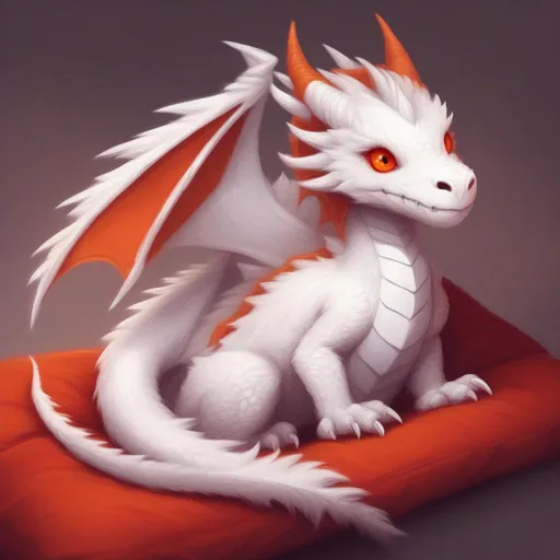 Prompt: dnd a small white fluffy dragon with orange eyes laying on a red pillow