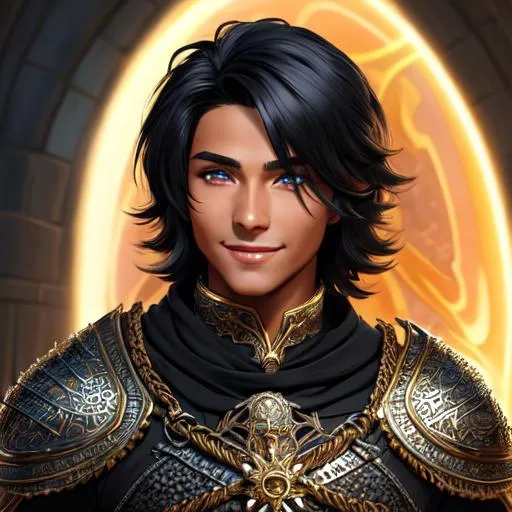 Prompt: oil painting, fantasy, human man, tanned-skinned-male, beautiful, short bright black hair, straight hair, smiling, looking at the viewer, cleric wearing intricate chain mail armor, casting a healing spell #3238, UHD, hd , 8k eyes, detailed face, big anime dreamy eyes, 8k eyes, intricate details, insanely detailed, masterpiece, cinematic lighting, 8k, complementary colors, golden ratio, octane render, volumetric lighting, unreal 5, artwork, concept art, cover, top model, light on hair colorful glamourous hyperdetailed medieval city background, intricate hyperdetailed breathtaking colorful glamorous scenic view landscape, ultra-fine details, hyper-focused, deep colors, dramatic lighting, ambient lighting god rays, flowers, garden | by sakimi chan, artgerm, wlop, pixiv, tumblr, instagram, deviantart