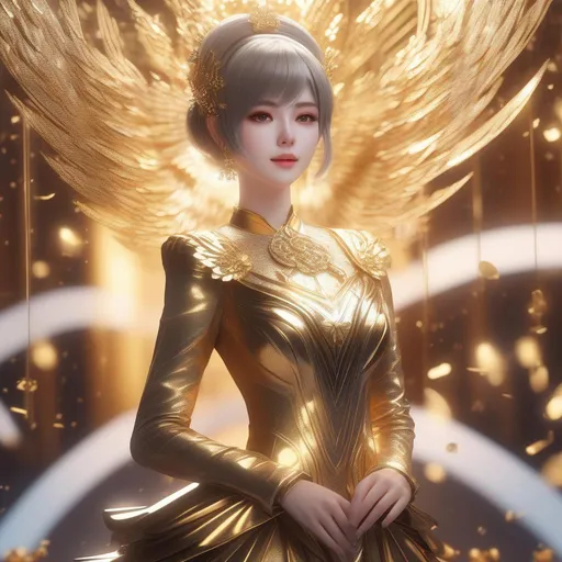 Prompt: 3d anime woman gold short hair hair and gold dress dress gold glitter pale skin deity and beautiful pretty art 4k full HD
